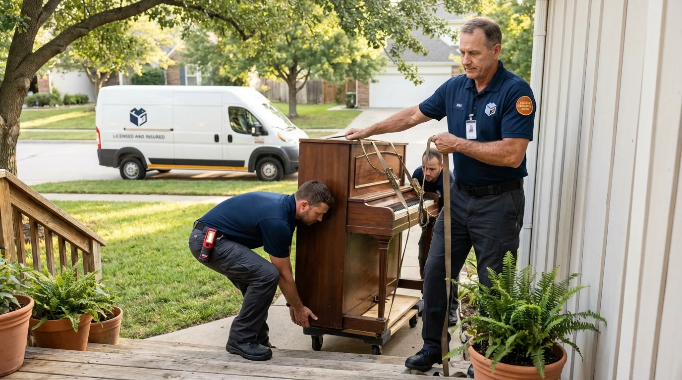 Licensed piano movers securing grand piano in Albert Lea, MN