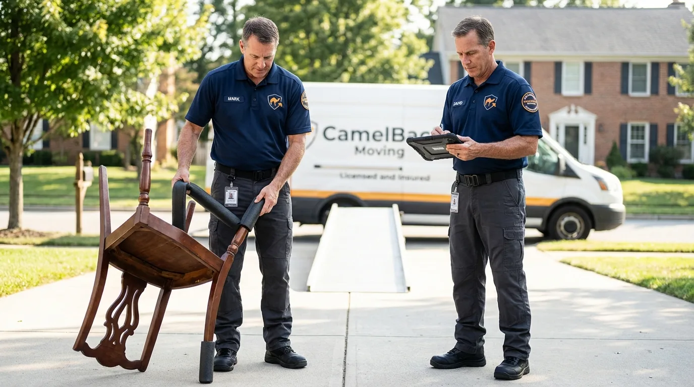 Movers inspecting furniture for damage prevention before loading in Albert Lea, MN